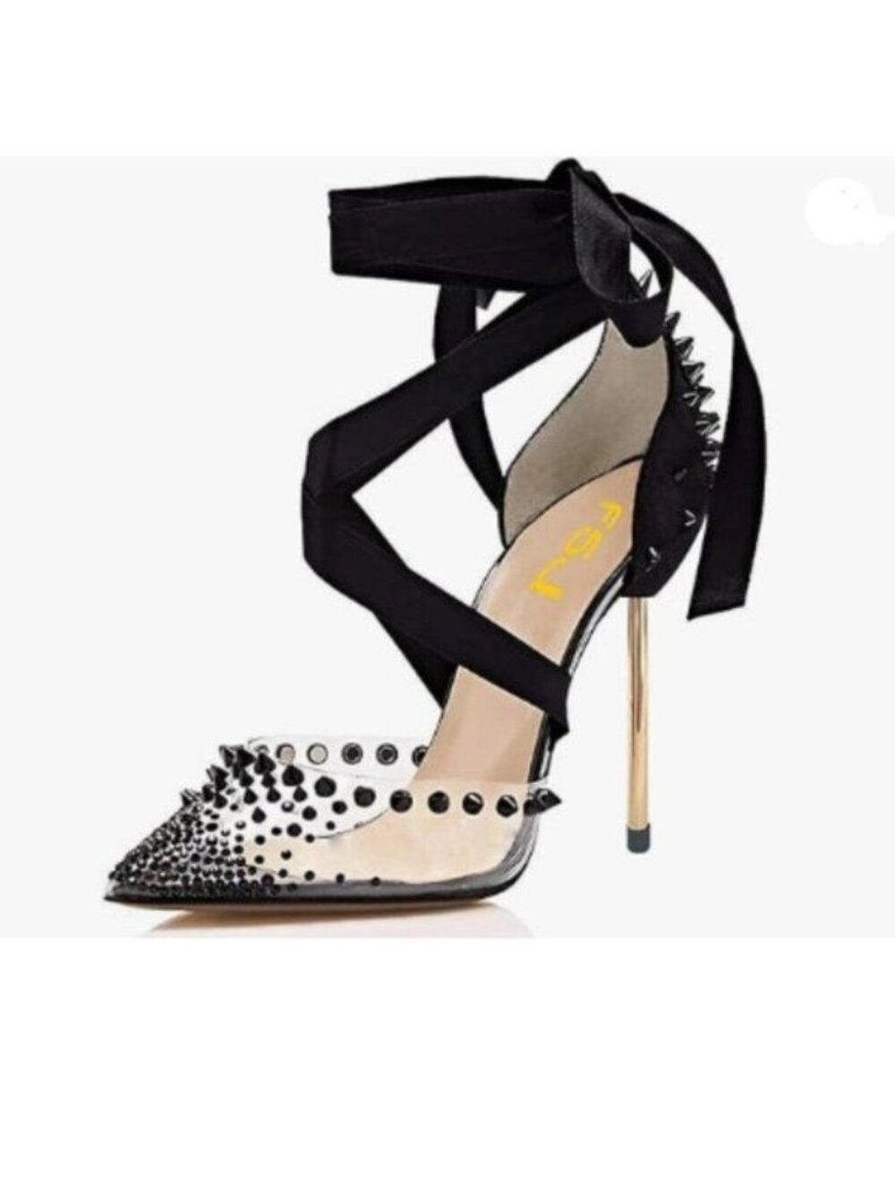 FSJ Black High Heel Ankle Strap Sandals Pointed Toe Rivets Pumps PVC Shoes